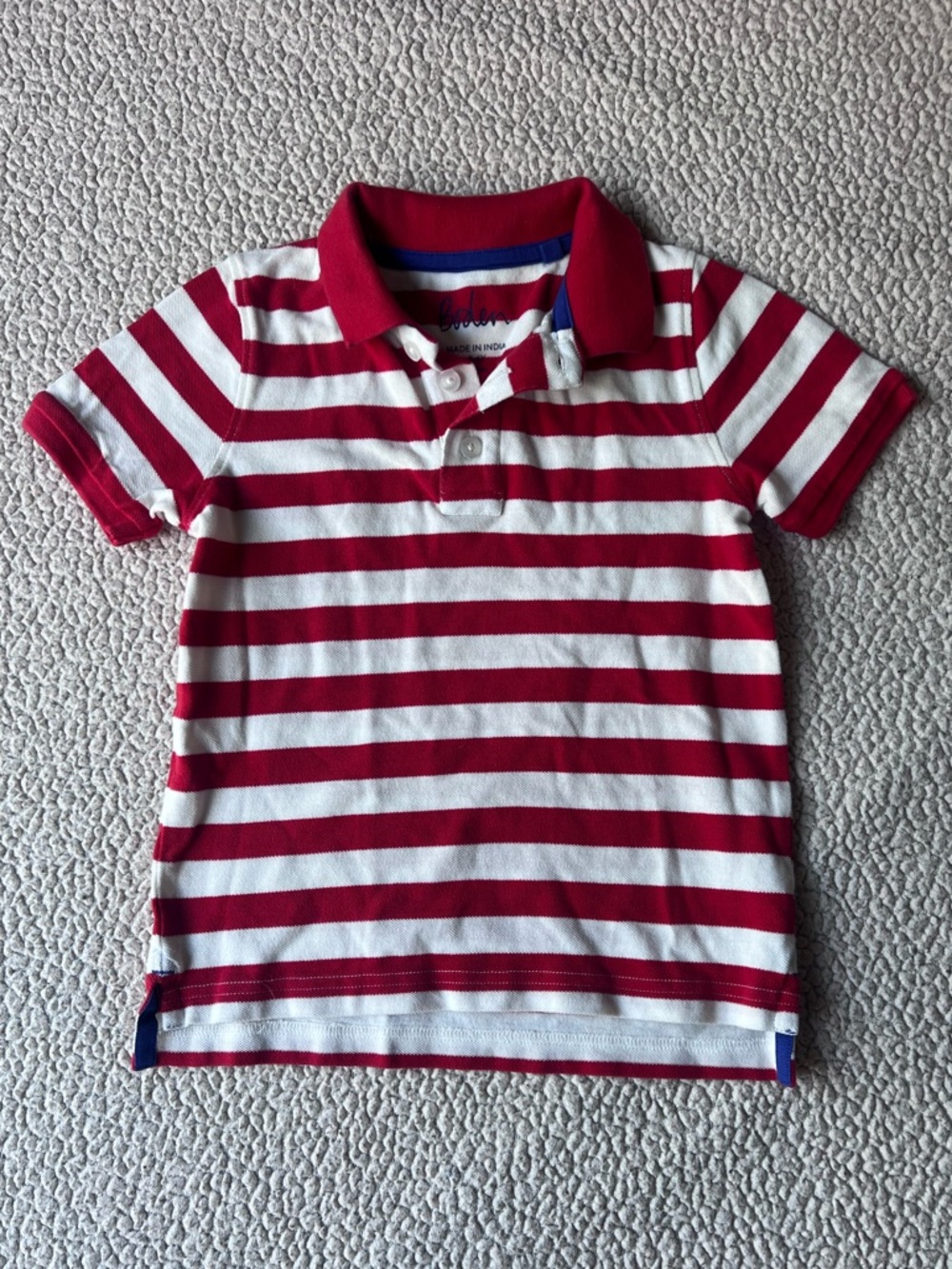 Boden Short Sleeve Striped Polo Shirt Boys Red Off-White  Classic Collar Sz 5-6Y
